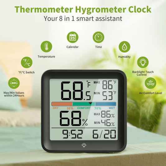 Indoor Thermometer Room Temperature Home Hygrometer Humidity Gauge, Accurate with Calibration, Backlight, Air Comfort Indicator, 24H Max Min Records, Time, Date (AAA Batteries Included)