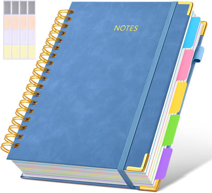 Hardcover Spiral Notebook journal with Removable Dividers Tabs, 300 Pages Leather 5 Subject Notebook College Ruled, 8"x10" Large B5 Notebooks for Work School Note taking, Lined Journal for Women,Black