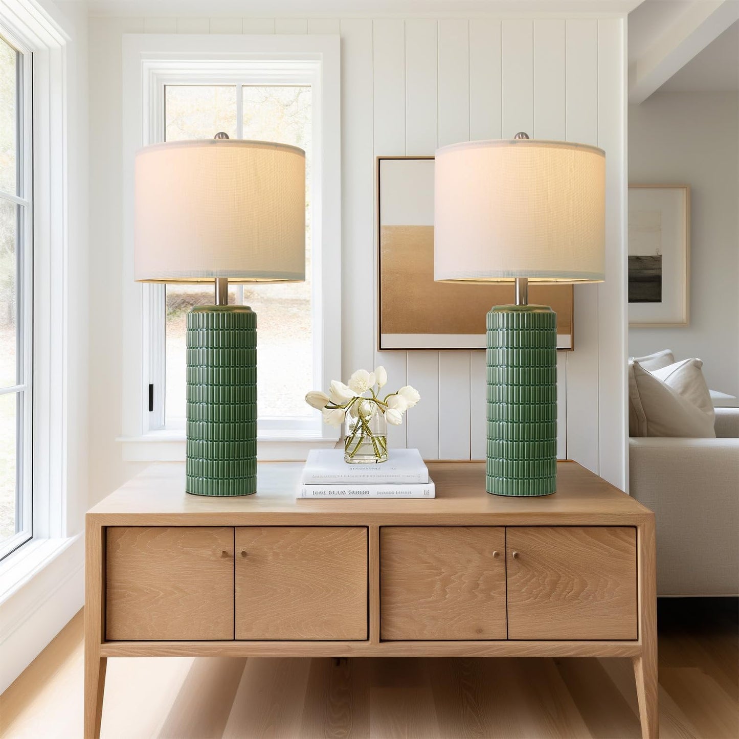PoKat 23" Modern Ceramic Table Lamp Set of 2 for Living Room White Desk Lamps for Bedroom Farmhouse Bedside Nightstand Lamp House Warming Gifts New Home Decor End Table Lamps Gifts for Women Mom Beige