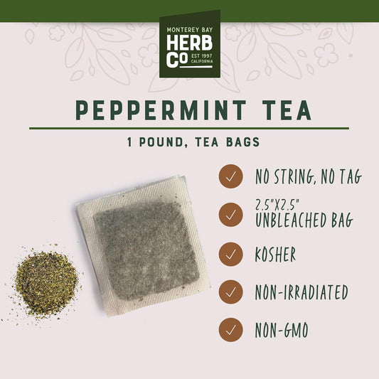 Peppermint Tea Bags, by Herb Co, Mentha Piperita, Caffeine Free, Unbleached Filter Paper, No String or Tag, Kosher, Approximately 200, 1 lb