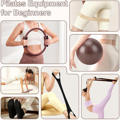 Hoedia Pilates Kit for Women, Pilates Equipment Ring and Ball Set with Resistance Bands, Yoga Strap, Core Sliders, Socks, Bag & Guide for Starter Home Workout Fitness Gym Essentials