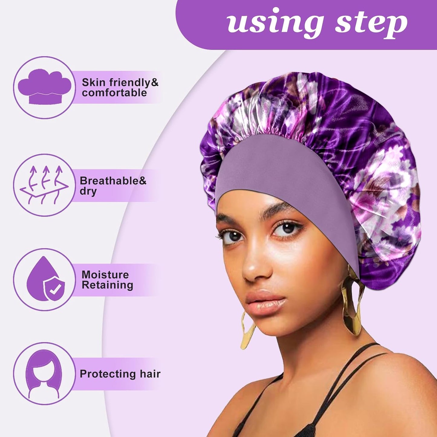 4PCS Silk Satin Bonnets for Black Women & Men - Elastic Wide Band Hair Wrap Cap for Curly Hair - Shower Cap for Sleeping (Black, Peacock Blue, Pink, Khaki)