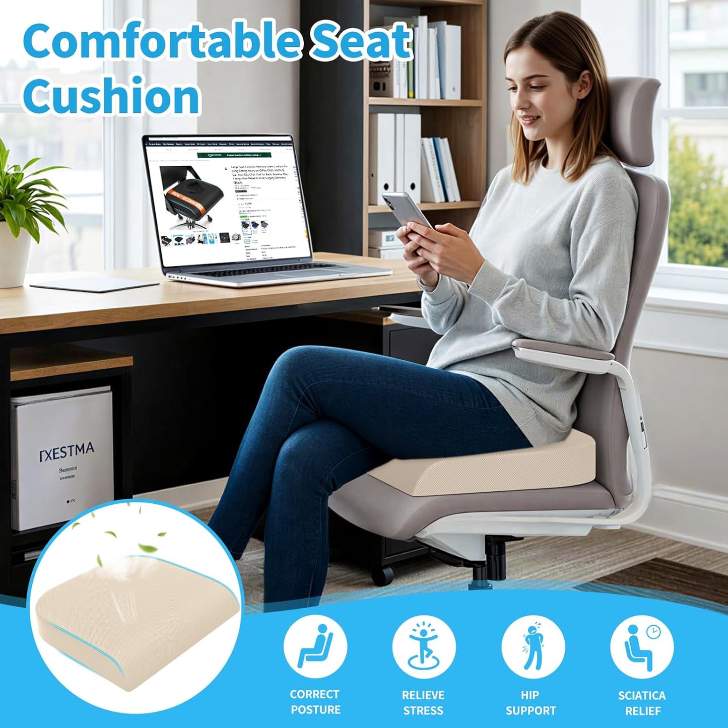 TranquilRelax Large Seat Cushion, Memory Foam Cushion for Long Sitting Hours on Office Chair, Car Seat, Non-Slip Chair Pad for Sciatica, Coccyx, Tailbone Pain Relief & Post-Surgery Recovery (Black)