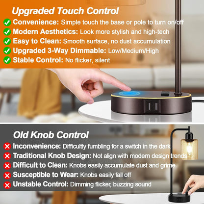 Set of 2 Industrial Touch Control Table Lamps with USB C+A Ports and AC Outlet - 3-Way Dimmable Black Bedside Lamps Nightstand Desk Lamps for Bedroom Living Room, Glass Shade & 2 LED Bulbs Included