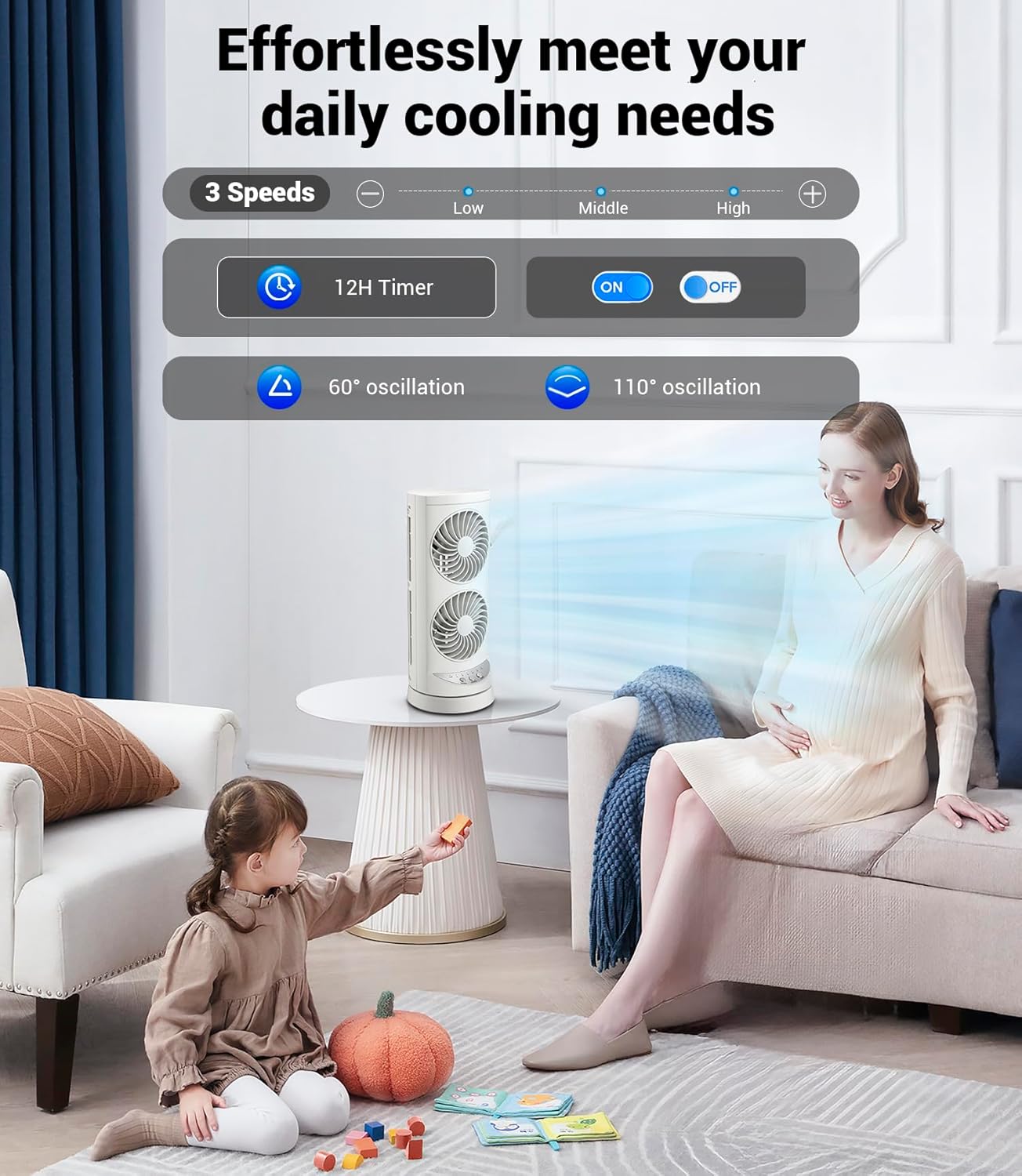 Personal Tower Cooling Fans that Blow Cold Air, Standing Small Desk Fan with 3 Speeds & Timer, 60° & 110° Oscillating Table Fan, Quiet and Safe Electric Floor Fan for Bedroom, Bedside, Home, Office