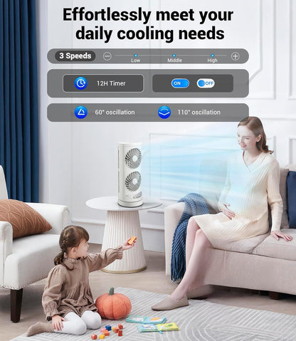 Personal Tower Cooling Fans that Blow Cold Air, Standing Small Desk Fan with 3 Speeds & Timer, 60° & 110° Oscillating Table Fan, Quiet and Safe Electric Floor Fan for Bedroom, Bedside, Home, Office