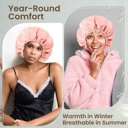 Adjustable Double Layer Silk-Satin Hair Bonnet for Sleeping Women – Anti-Frizz Curly Hair Sleep Cap, Hair Protector for Night, Moisture Retention Soft Bonnet for Natural Hair (black,Large)