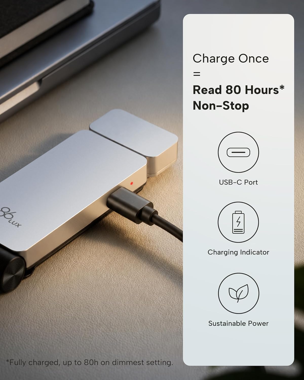 86lux Book Light, Rechargeable Clip-On LED Reading Light for Bed & Night Use - 3 Color Temperatures with Stepless Dimming, Ultralight Bookmark Design for Book Lovers, Grey