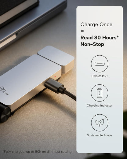 86lux Book Light, Rechargeable Clip-On LED Reading Light for Bed & Night Use - 3 Color Temperatures with Stepless Dimming, Ultralight Bookmark Design for Book Lovers, Grey