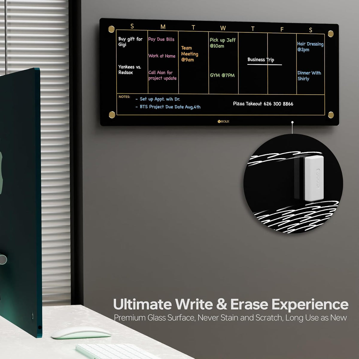 Yeoux Black Glass Golden Weekly & Menu Dry Erase Calendar Board 15“x11