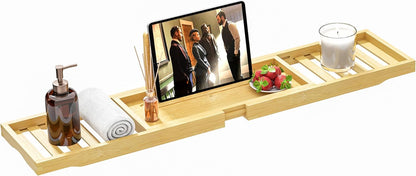 Premium Bamboo Bathtub Tray Caddy - Bath Tub Tray Table for Bathtub - Bath Caddy Tray for Bathtub, Expandable Size, Fits Most Bath Tubs