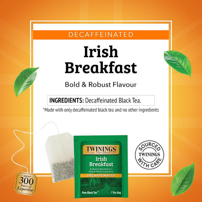 Twinings Decaffeinated Irish Breakfast Black Tea Individually Wrapped Bags, 20 Count (Pack of 1), Flavourful, Robust, Enjoy Hot or Iced, 20 Teabags