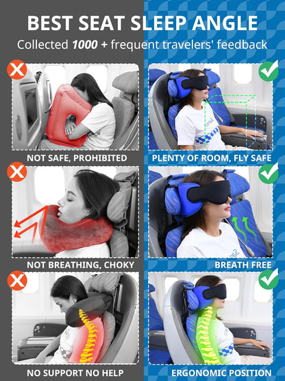 SARISUN Travel Pillows for Airplanes, 2pcs Airplane Pillows for Long Flight with Sleep Eye Mask, Plane Head Strap for Road Trip, 360° Support for Sleeping, Stop Bobblehead Travel Essentials, Black