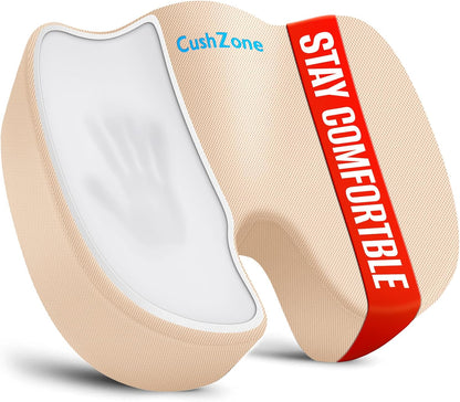 CushZone Seat Cushion - Memory Foam Office Chair Cushion for Sciatica, Tailbone & Back Pain Relief - Orthopedic Coccyx Pillow for Car, Airplane, Pregnancy & Long Sitting at Work, Black