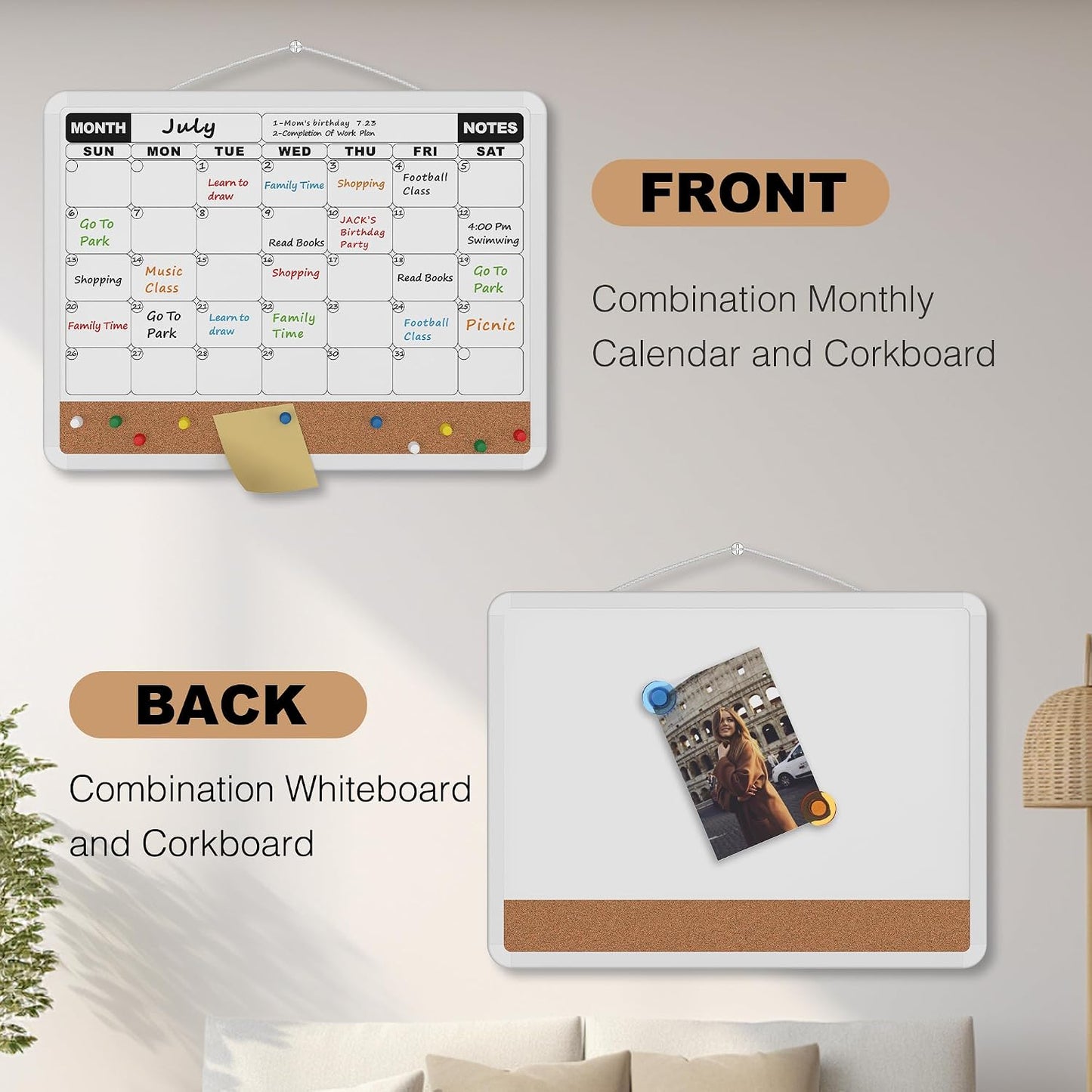 Monthly Calendar Dry Erase Board 16x12 Inch, Double-Sided Whiteboard and Corkboard Combo, Wall Mounted Planner Organizer with Markers, Magnets, Push Pins, Eraser, for Home Office School