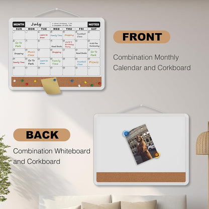 Monthly Calendar Dry Erase Board 16x12 Inch, Double-Sided Whiteboard and Corkboard Combo, Wall Mounted Planner Organizer with Markers, Magnets, Push Pins, Eraser, for Home Office School