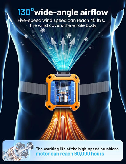 Portable Waist Fan with 10000mAh Battery, 5 Speeds, 130° Wide Angle Airflow, Hands-Free Clip-on for Outdoor Work, Hiking, Camping (orange)