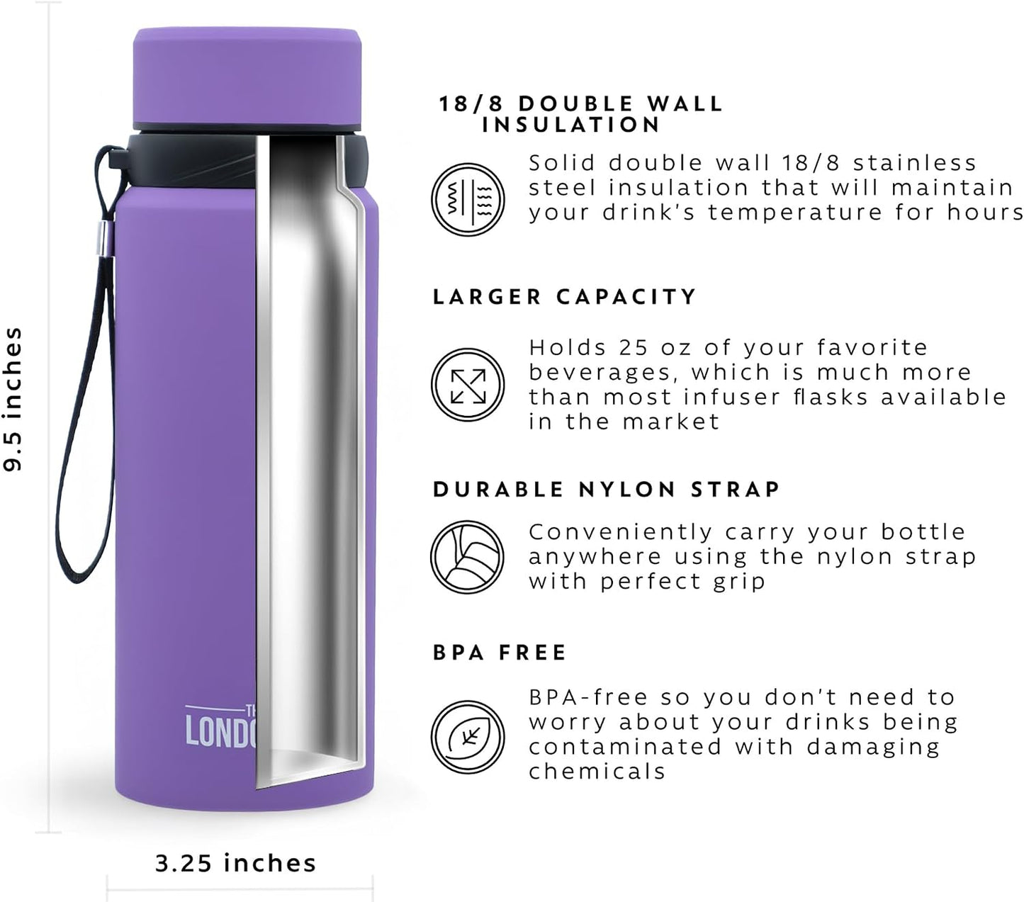 London Sip 25 oz Multi-Function Travel Mug and Tumbler Tea Infuser Water Bottle Fruit Infuser Flask Hot and Cold Double Wall Stainless Steel Coffee Thermos, Zen Black