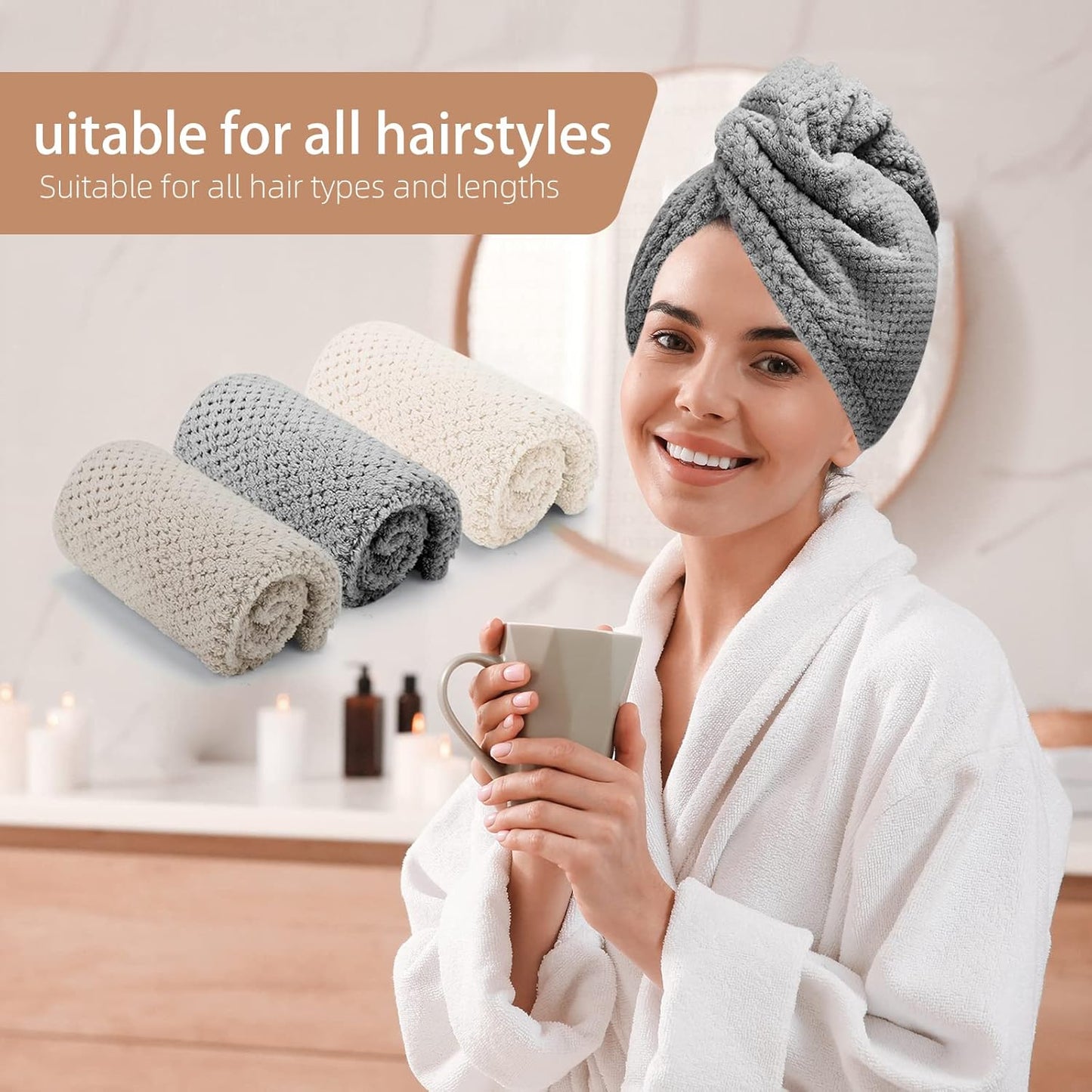 CZZXI 3 PCS Microfiber Hair Towel, Hair Wraps for Women Wet Hair, Fast Drying Hair Turban, Anti Frizz Head Towels Wrap for Curly Hair (Purple, Pink, Blue)