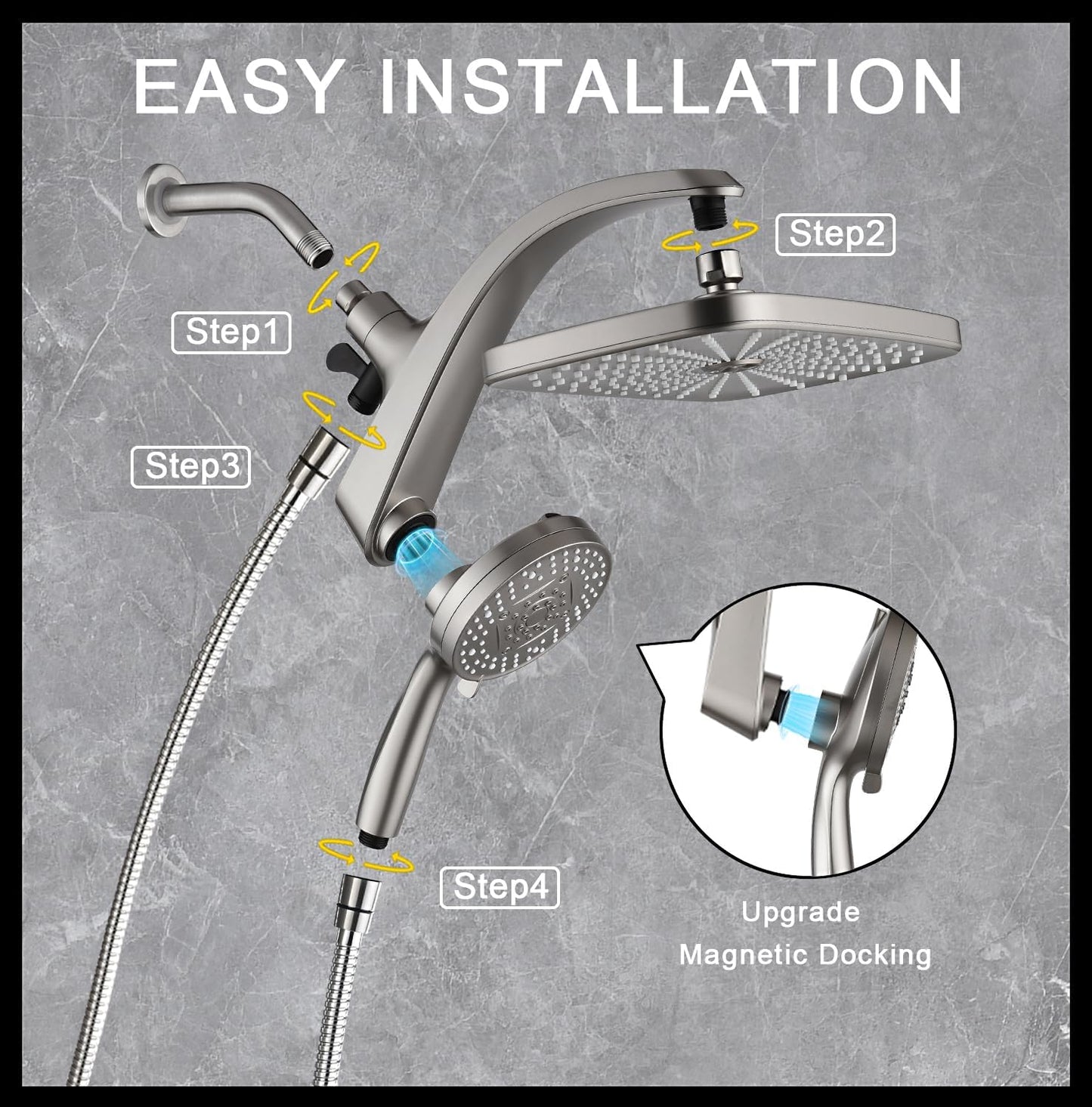 BOZYBO Rain Shower Head with Handheld: High Pressure Shower Heads with Handheld Spray Combo, 12" Rainfall Shower Head and 9 Sprays Hand Showerheads with Magnetic Docking and Power Jets, Black 1.75GPM
