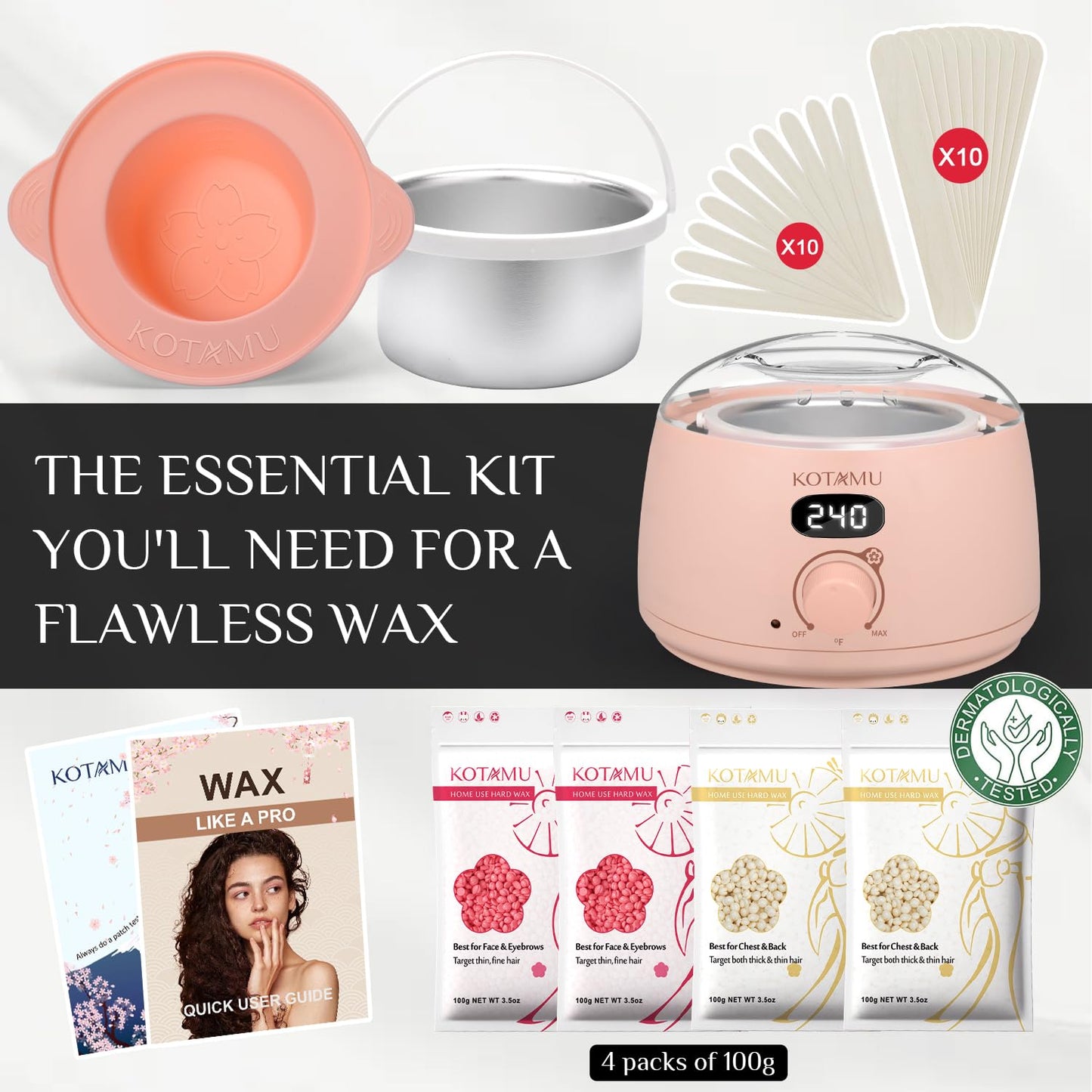 KOTAMU Waxing Kit for Women & Men, Pink Digital Wax Pot Warmer Hair Removal | Home Hard Wax Kit, Wax Machine, Face, Eyebrow, Bikini, Brazilian, Body, Sensitive Skin, 25 Accessories, Beginner-Friendly