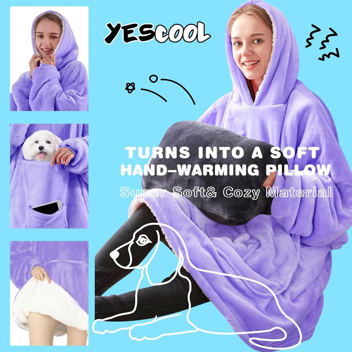 yescool Wearable Blanket Hoodie, Flannel Sherpa Fleece Blanket Sweatshirt for Adults Women Men,One Size Fits All - Colors A