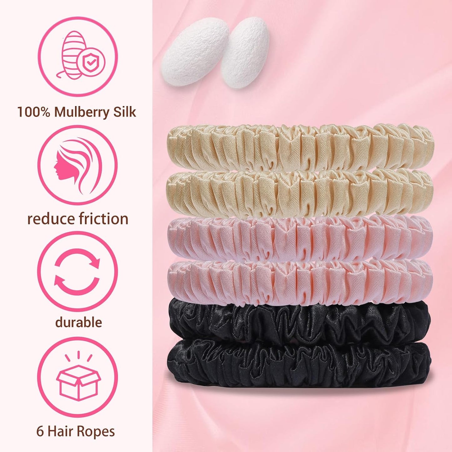 22 Momme 6PCS 100% Mulberry Silk Hair Ties Small Silk Scrunchies for Women Girls Curly Thick Thin Hair .Women's Black Cute Satin Sleepy Bulk Hair Tie Scrunchie Sleep