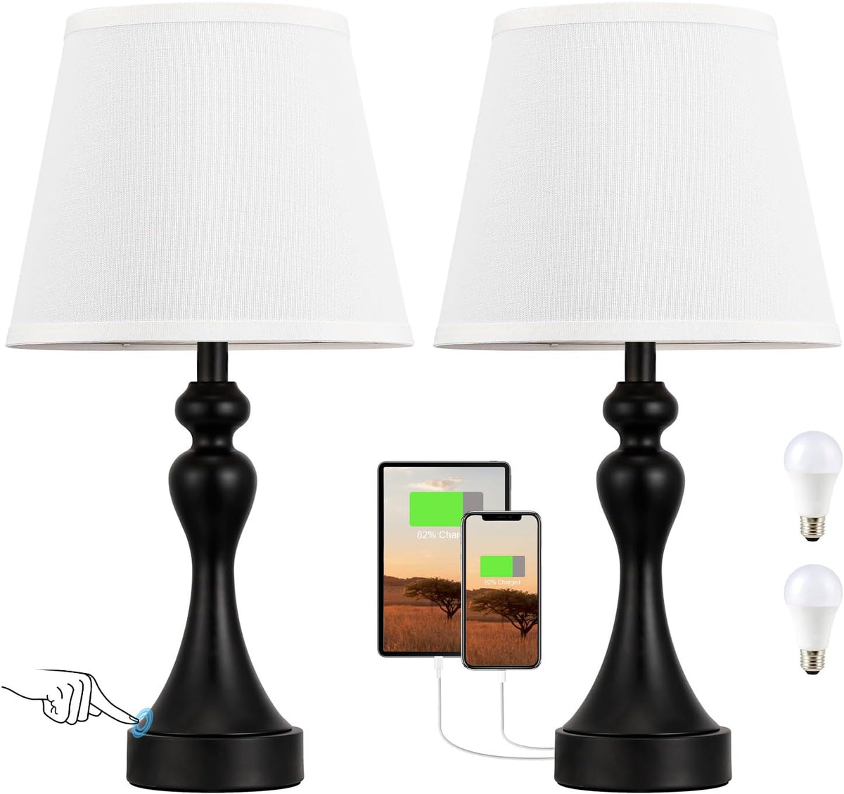 Touch Lamps for Nightstand, 3 Way Dimmable Bedside Lamps with USB C+A Ports