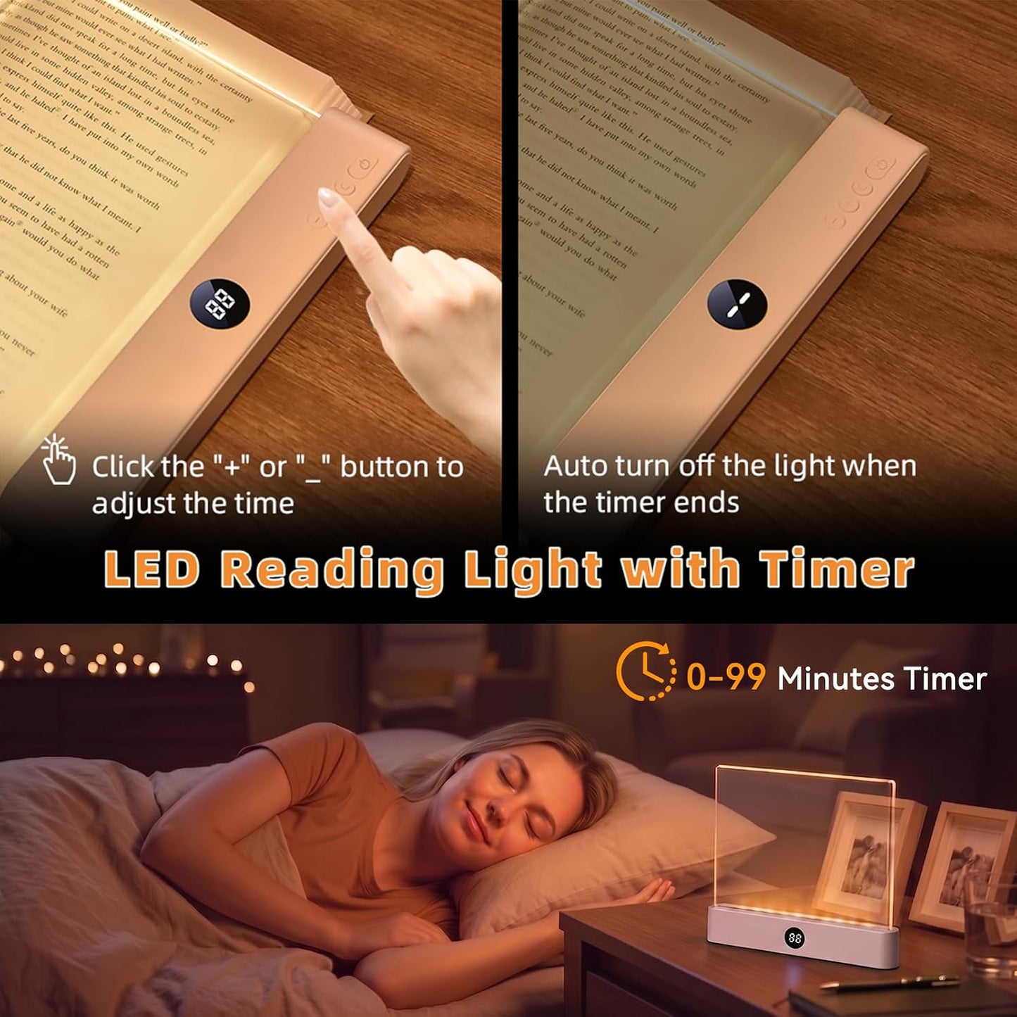Book Light, Rechargeable Clear LED Flat Reading Light with 3 Colors & Timer, Dimmable Panel Plate Lamp Book Full Page Light for Reading in Bed at Night, Funny Gifts for Readers Kids Women Men (White)