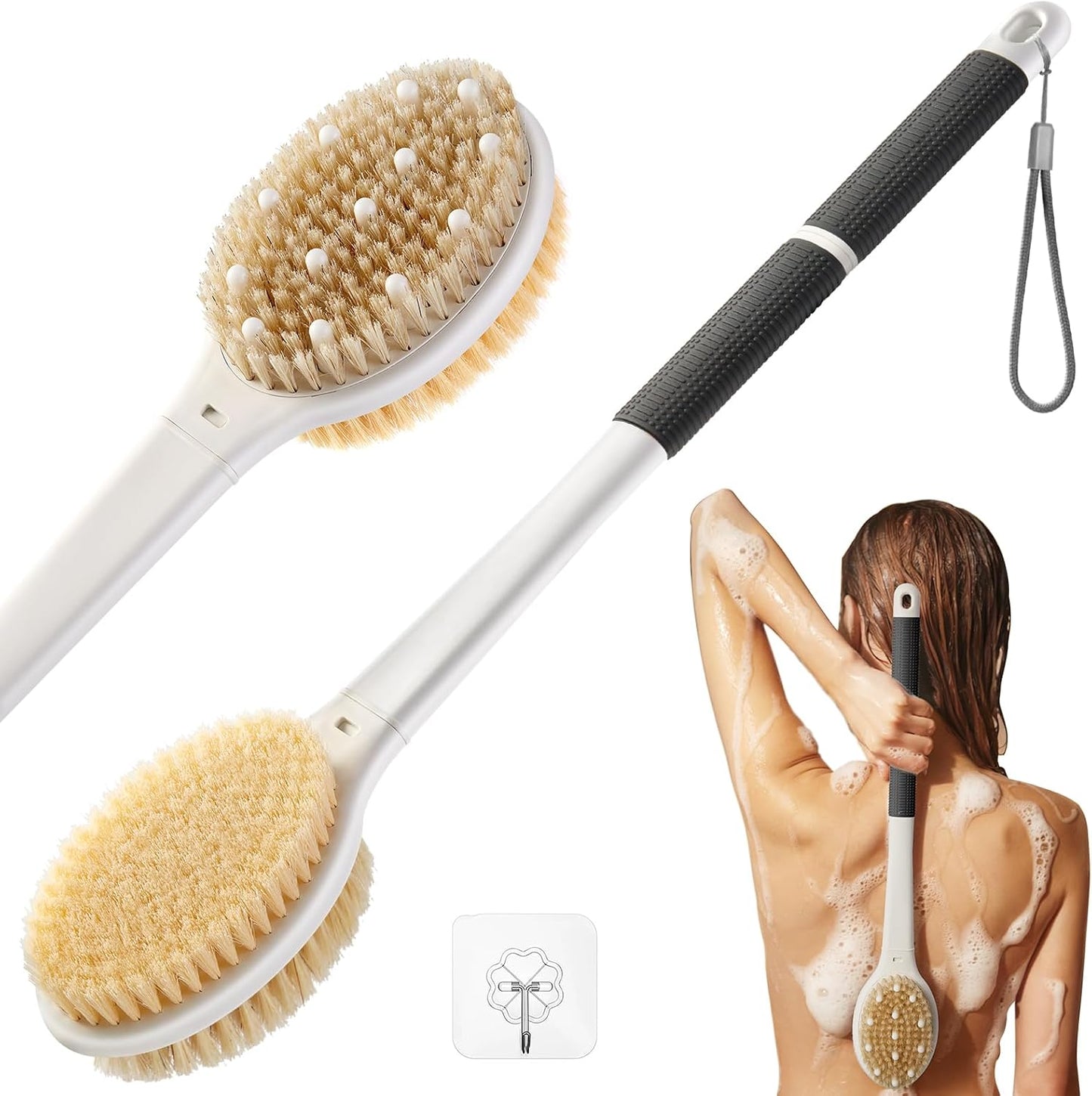 Dry Brushing Body Brush for Massage - Natural Boar Bristle Exfoliating Brush with Massage Nodes for Lymphatic Drainage, Cellulite, Blood Circulation Improving Skin Health for Women Men Elderly(Grey)