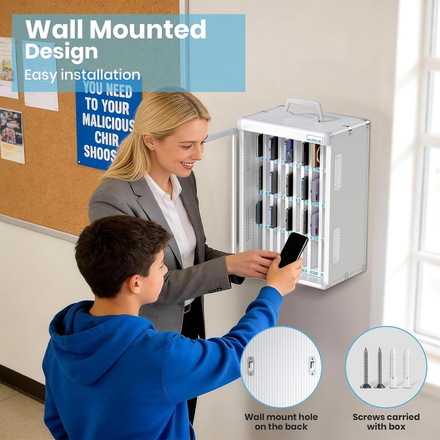 36 Slots Cell Phone Locker for Classroom, Portable Mobile Phone Storage Box with 【2 Different Size Slots】, Phone Lock Box Wall Mounted (Black)