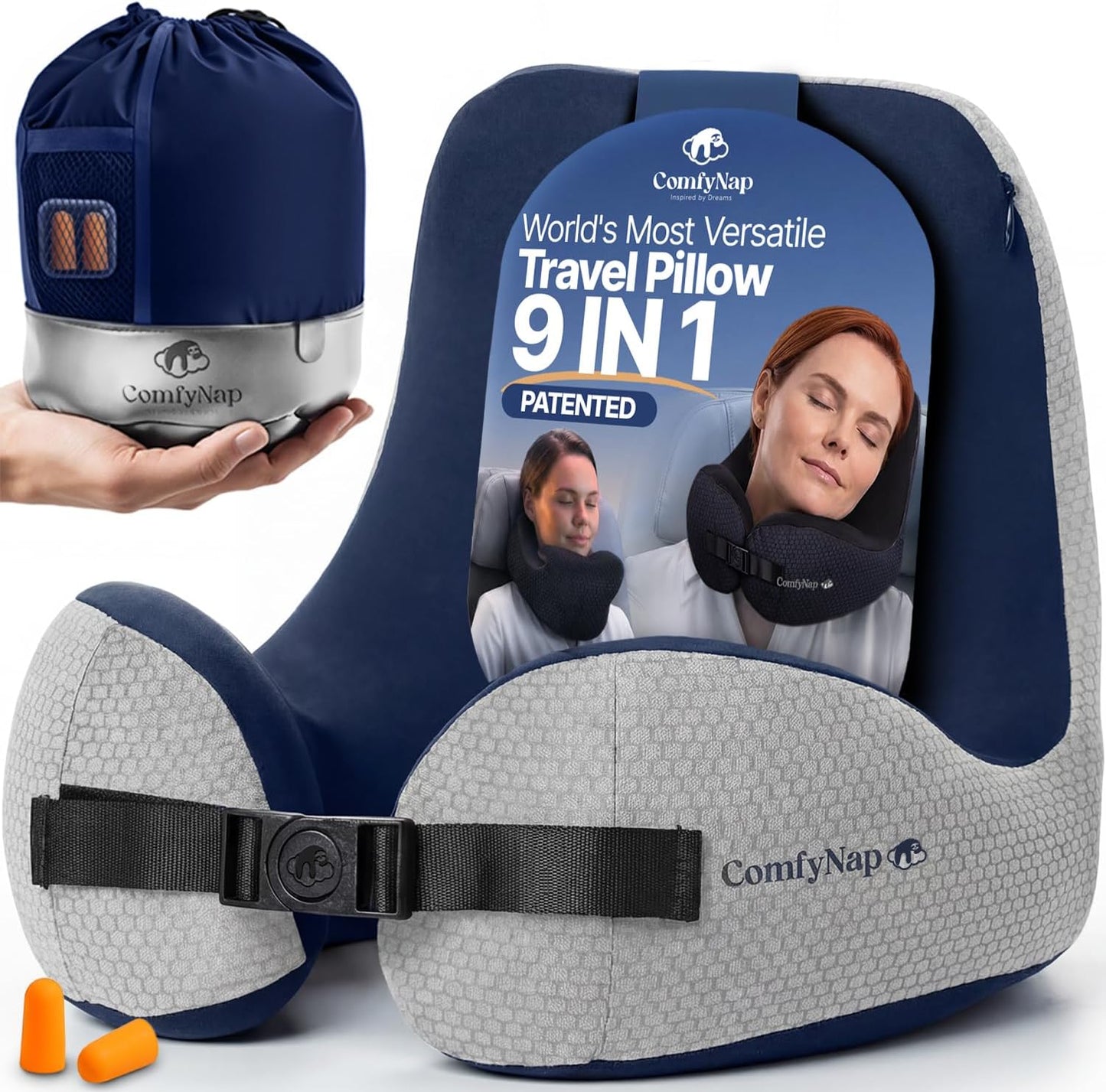 ComfyNap® Versatile Travel Neck Pillow for Airplane [Patented], 9 Positions in 3 Techniques, Plane Pillow with Pure Memory Foam, Travel Pillow with HeadRest Flight Sleep, Travel Essential - Mercury