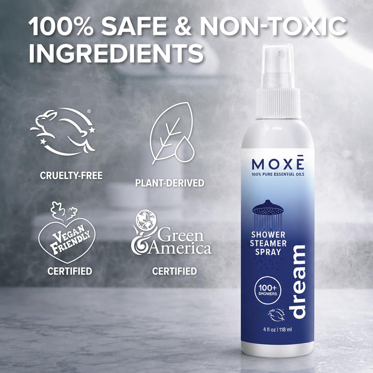 MOXĒ Eucalyptus Oil Shower Mist, Spa Steam Spray, Certified Natural 100% Essential Oils, Made in USA, Aromatherapy, Sinus Congestion Relief, Tension Relief, 4 Ounces
