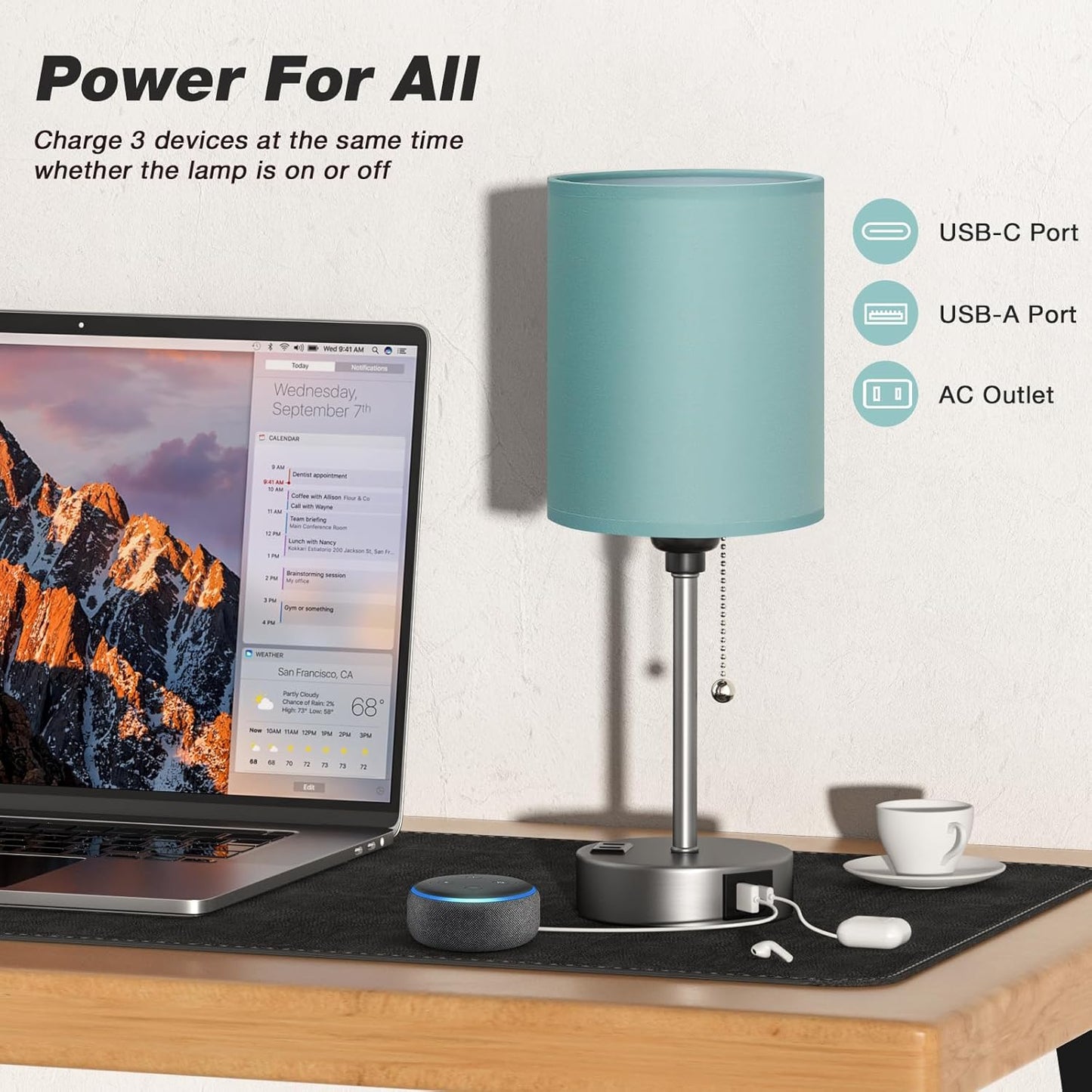 Small Bedside Table lamp for Bedroom - 3 Color Temperatures Bedside Lamps with USB C and A Ports, Pull Chain Table Lamps with AC Outlet, White Nightstand Lamps with Black Metal Base for Kids Reading