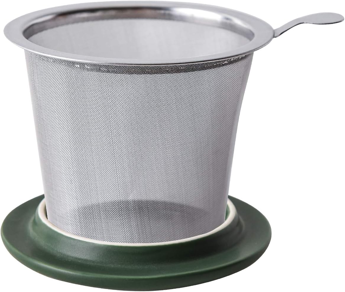 Yundu 12 OZ Matte Green Ceramics Teacup with Infuser and Lid, Mug with Lid for Steeping - Stainless Steel Infuser for Loose Leaf Tea, Home Office Gift for Tea Lovers