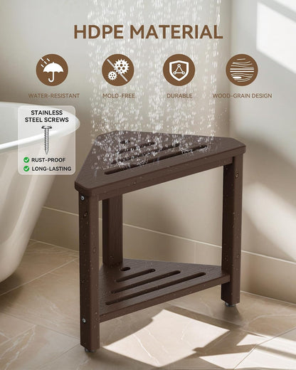 Shower Foot Rest 15in, HDPE Waterproof Shower Stool for Inside Shower, Corner Shower Stool for Shaving Legs with Storage Shelf for Small Space, Shower Step Stool, Plastic Corner Shower Bench, White