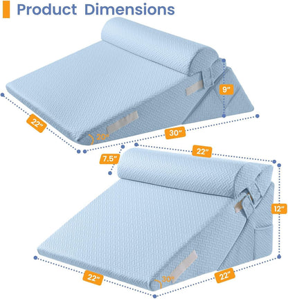 Sasttie Wedge Pillow Set for After Surgery, 2PCS Adjustable Bed Wedge Pillow Headboard with Memory Foam Neck Cushion – for Acid Reflux, Sleeping, Neck & Back Support, Dark Grey & White