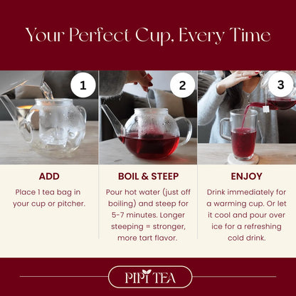 PiPi Tea Organic Hibiscus Tea Bags – Caffeine Free Herbal Tea Rich in Antioxidants, Non-GMO & Vegan, Sourced from Premium Hibiscus Flowers for Daily Wellness & Heart Health Support, 60g