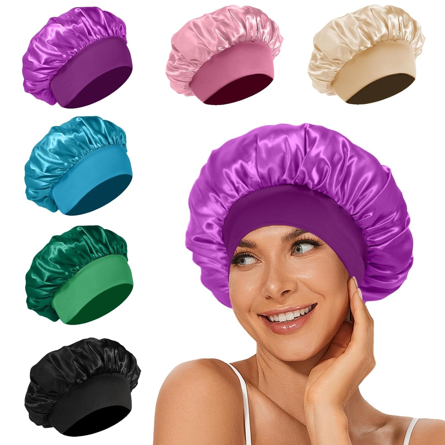 4Pcs Satin Bonnet Silk Bonnet, Hair Bonnet for Sleeping | Elastic Wide Band Silk Sleep Cap, Soft and Breathable, Black Red Purple Gold