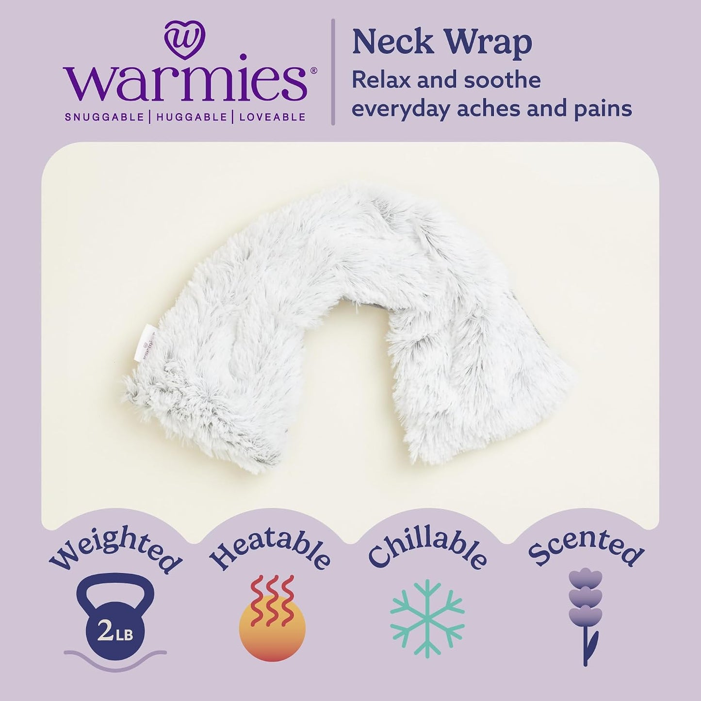 warmies Microwavable Neck & Shoulder Wrap - Weighted Neck Wrap - Microwavable Heat Pack for Shoulders - Chillable Heating Pad with Lavender for Aches & Pain - Marshmallow Gray, 19 x 5 x 3 in, 2 lb