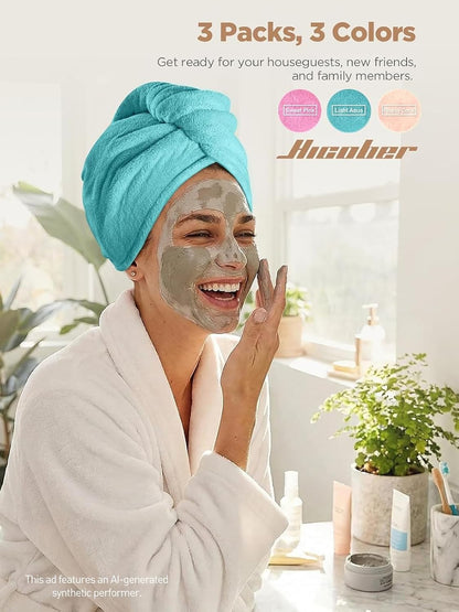 Hicober Microfiber Hair Towel Wrap, Fast Drying Hair Towels for Women, Soft Lightweight Quick Dry Turban for Curly & Long Hair–3 Pack(Blue/Grey/Pink)