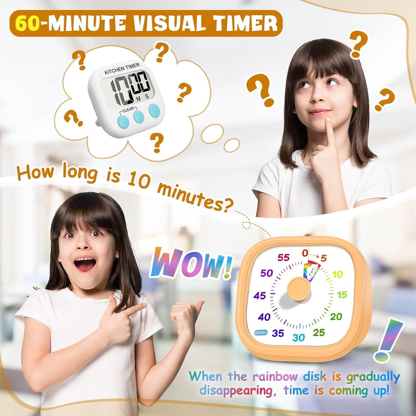 HIPPIH Visual Timer for Kids - 60 Minute Pomodoro Timers for Classroom Kitchen Office, Countdown Kids Timer Clock with Rainbow Disk, Desk Time Management Tool for Toddler with Silent Operation, Blue
