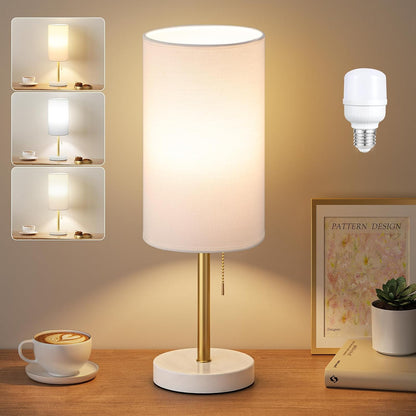 Small Bedside Table lamp for Bedroom - 3 Color Temperatures Bedside Lamps with USB C and A Ports, Pull Chain Table Lamps with AC Outlet, White Nightstand Lamps with Black Metal Base for Kids Reading