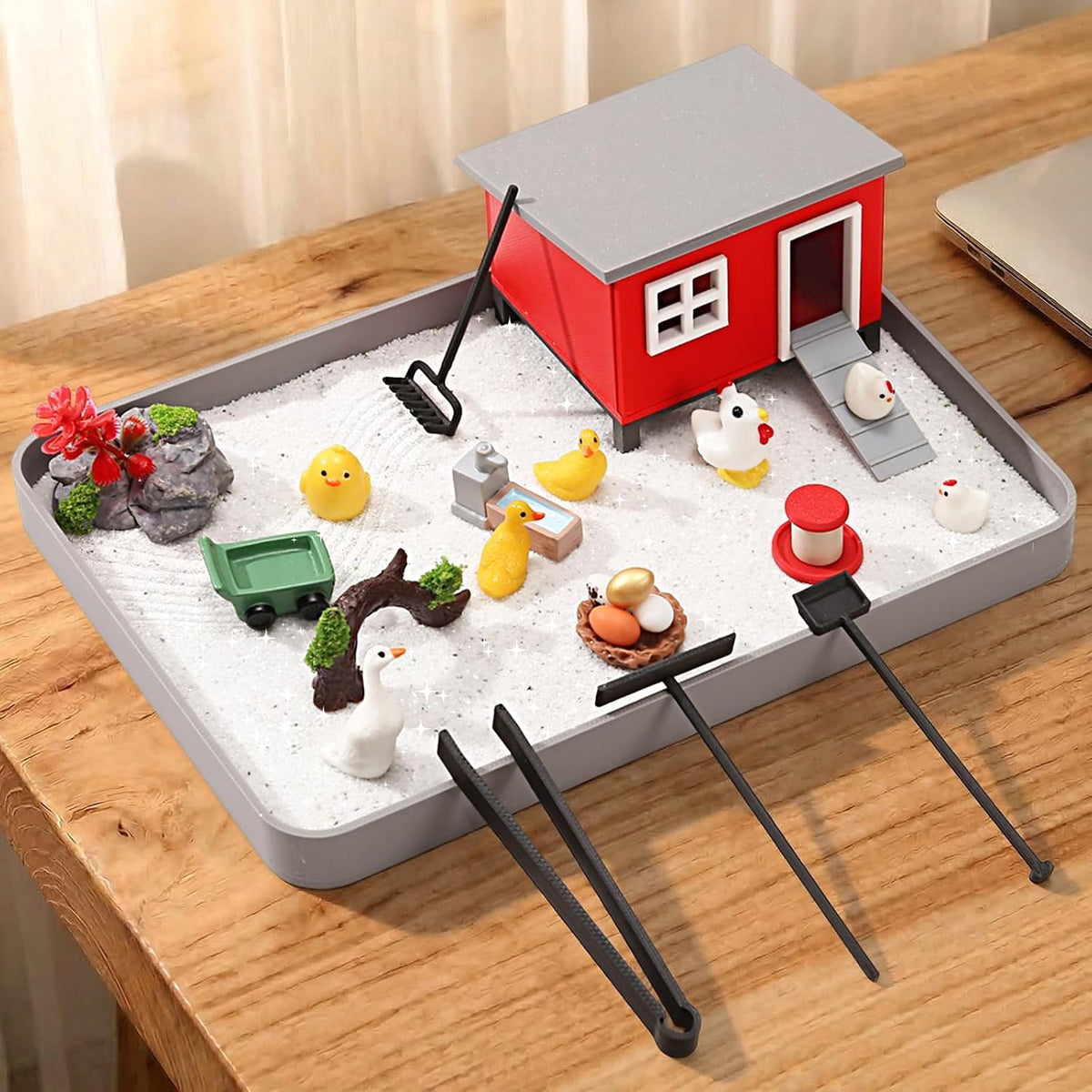 Chicken Zen Garden for Desk - 20Pcs Desk Zen Garden Kit with Coop, Sand, Hen Figurines & Rakes for Office Decor, Meditation and Stress Relief, White Elephant Gifts for Chicken Lovers