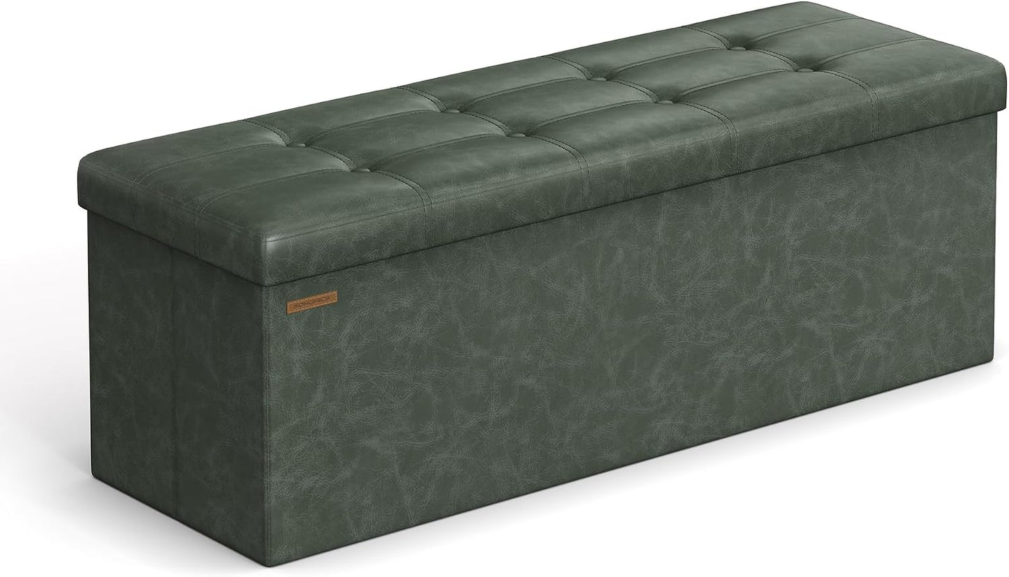 SONGMICS MAZIE Collection - 43 Inches Folding Storage Ottoman Bench, Ottoman with Storage, Foot Rest Stool, Load 660 lb, for Living Room, Synthetic Leather, Black ULSF701