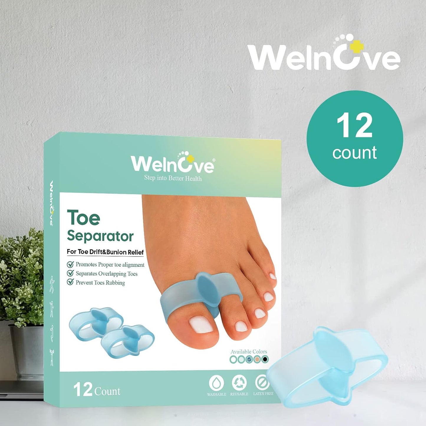 Welnove Pack of 12 Bunion Corrector, Toe Separators with 2 Loops, Big Toe Spacer Suitable for Bunion and Overlap Toe (White)