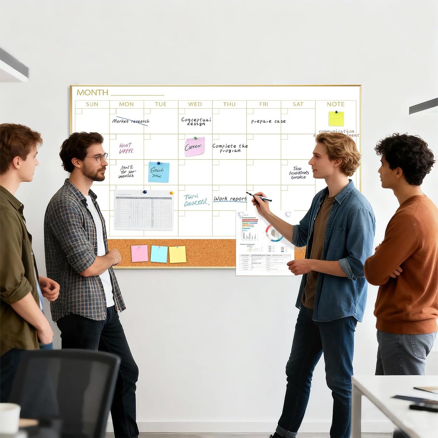 ARCOBIS Dry Erase Calendar with Cork Board for Wall, 24"x 18" Magnetic Calendar Whiteboard with Black Frame, Monthly Combination Board for School, Home, Office