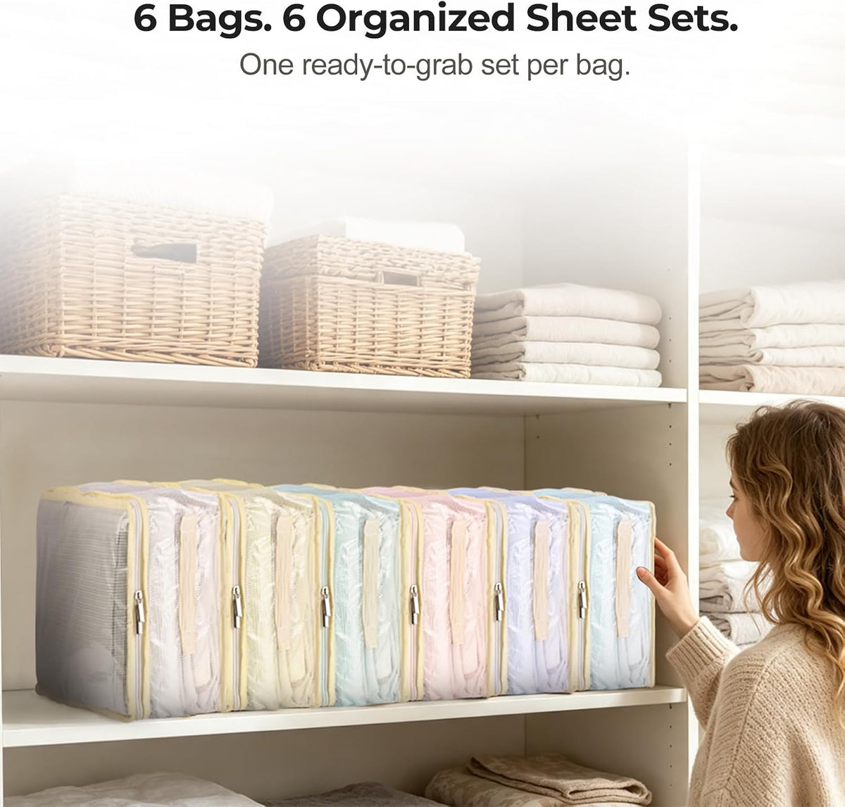 Clear Bed Sheet Organizer Bags for Linen Closet 6 Pack