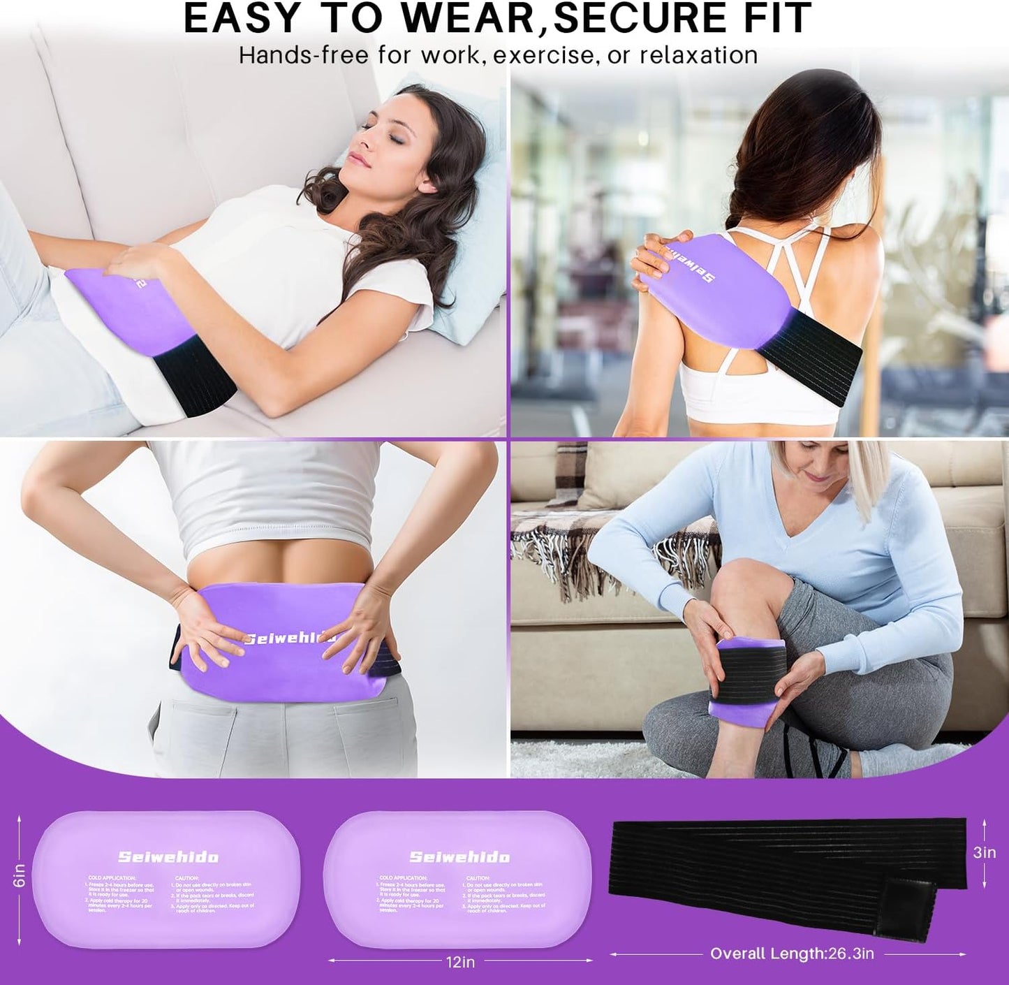 Ice Packs for Injuries Reusable Gel 2 Hot Cold Compress Therapy Pack with Adjustable Strap Soft Ice Wraps for Ankle Knee Leg Neck Shoulder Wrist Feet Back Pain Relief (Purple, Medium 10 x 5.5 Inch)