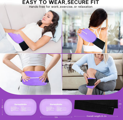 Ice Packs for Injuries Reusable Gel 2 Hot Cold Compress Therapy Pack with Adjustable Strap Soft Ice Wraps for Ankle Knee Leg Neck Shoulder Wrist Feet Back Pain Relief (Purple, Medium 10 x 5.5 Inch)